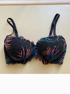 Victoria's Secret Pink 36D Bra Date Push Up Black Lace Tropical Palm Leaf